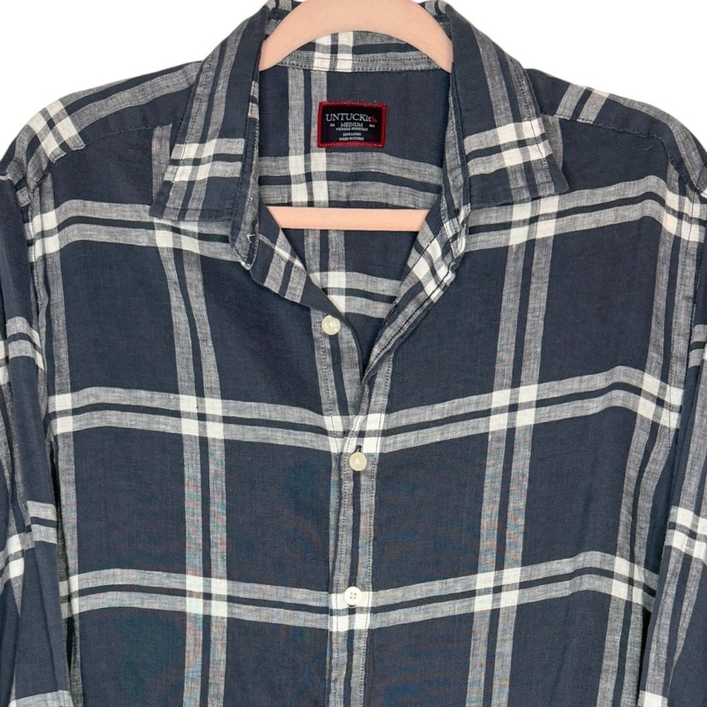 UNTUCKit Ovada WR Button Down Men Medium Navy Plaid 100% Linen 40554